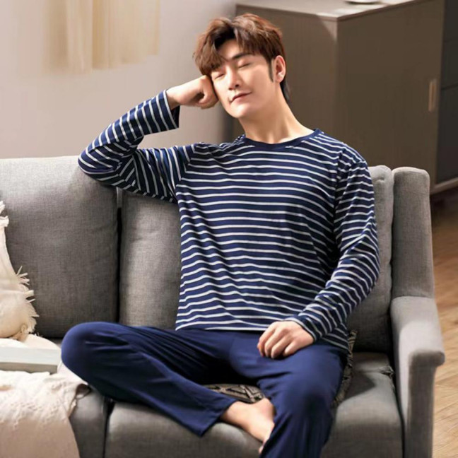 2Pcs/Set Men Pajamas Set O-Neck Long Sleeve Striped Print Tops Elastic Waist Long Pants Set Home Lounge Wear Set
