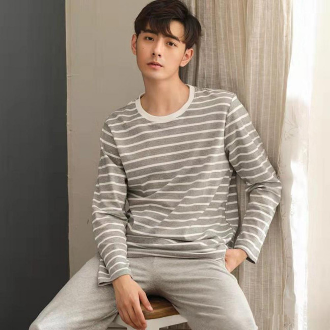 2Pcs/Set Men Pajamas Set O-Neck Long Sleeve Striped Print Tops Elastic Waist Long Pants Set Home Lounge Wear Set