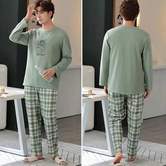 2Pcs/Set Men Pajamas Set O-Neck Long Sleeve Striped Print Tops Elastic Waist Long Pants Set Home Lounge Wear Set