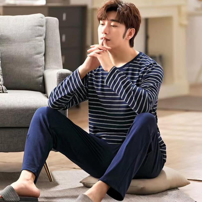 2Pcs/Set Men Pajamas Set O-Neck Long Sleeve Striped Print Tops Elastic Waist Long Pants Set Home Lounge Wear Set