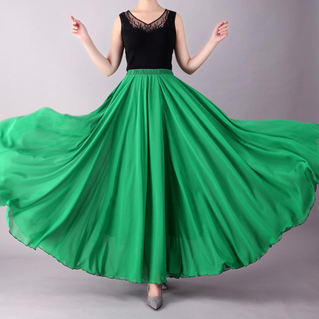 Women Chiffon Large Skirt 720 Degree Pull Double-Layered Maxi Skirt Solid Color Flowy Dance Skirt Versatile Dancewear