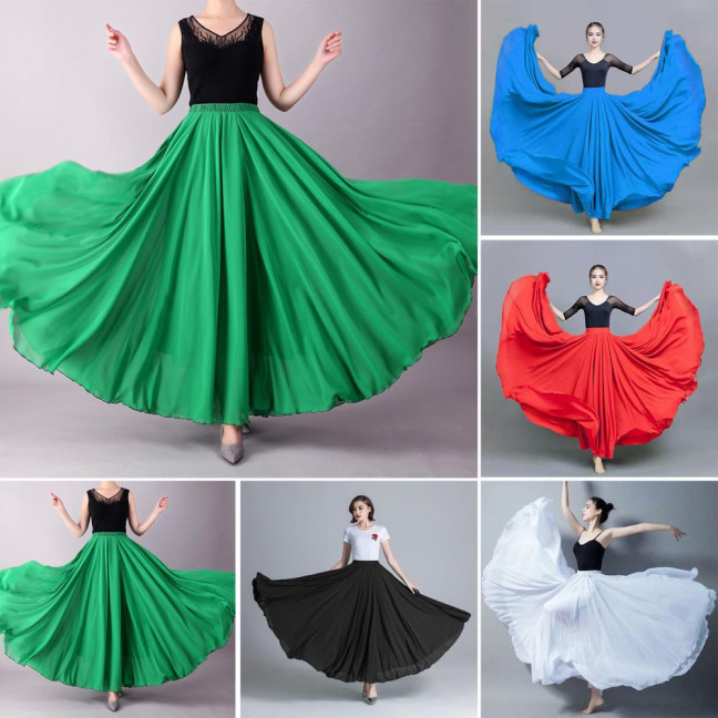 Women Chiffon Large Skirt 720 Degree Pull Double-Layered Maxi Skirt Solid Color Flowy Dance Skirt Versatile Dancewear