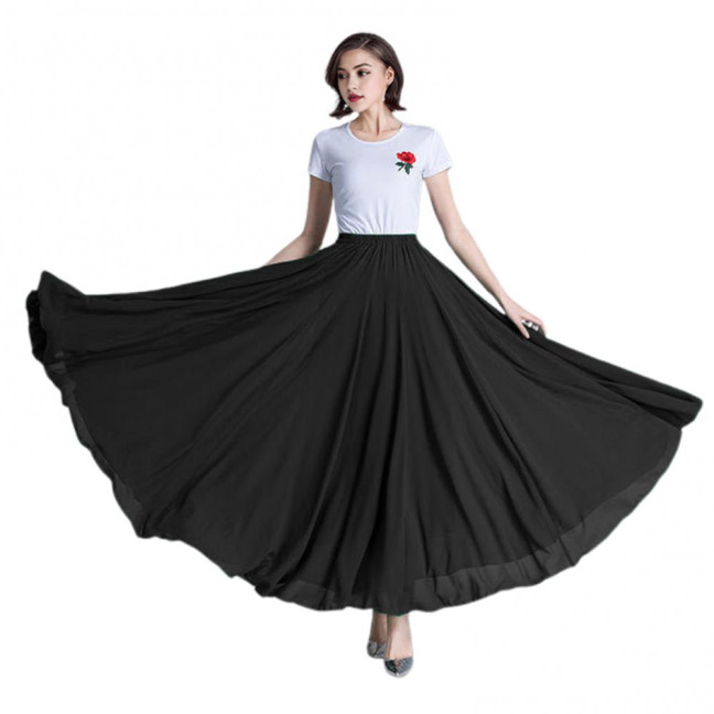 Women Chiffon Large Skirt 720 Degree Pull Double-Layered Maxi Skirt Solid Color Flowy Dance Skirt Versatile Dancewear