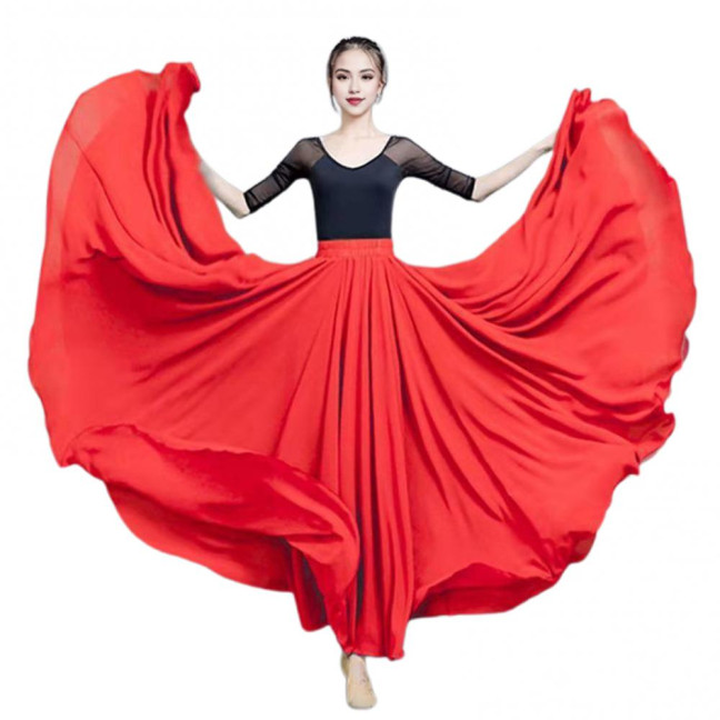 Women Chiffon Large Skirt 720 Degree Pull Double-Layered Maxi Skirt Solid Color Flowy Dance Skirt Versatile Dancewear