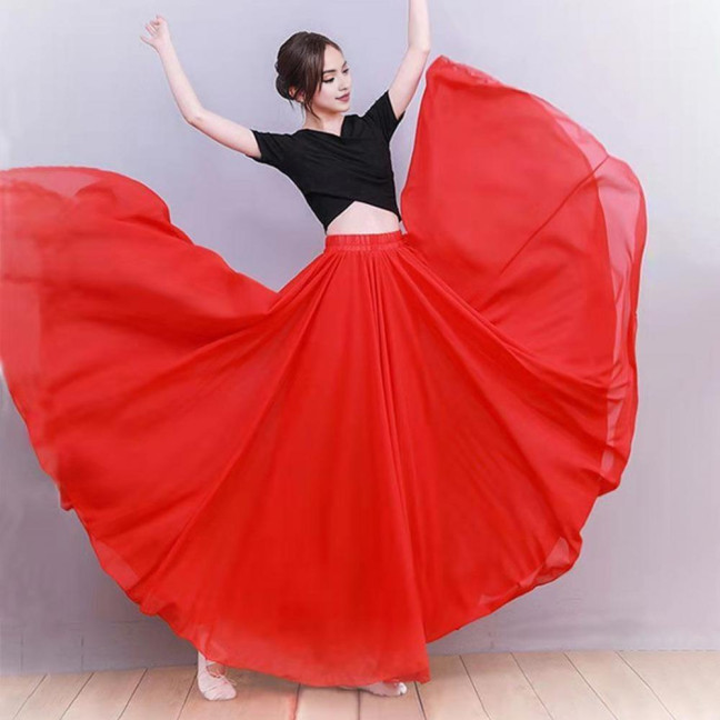 Women Chiffon Large Skirt 720 Degree Pull Double-Layered Maxi Skirt Solid Color Flowy Dance Skirt Versatile Dancewear