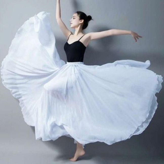 Women Chiffon Large Skirt 720 Degree Pull Double-Layered Maxi Skirt Solid Color Flowy Dance Skirt Versatile Dancewear