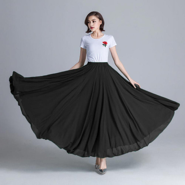 Women Chiffon Large Skirt 720 Degree Pull Double-Layered Maxi Skirt Solid Color Flowy Dance Skirt Versatile Dancewear