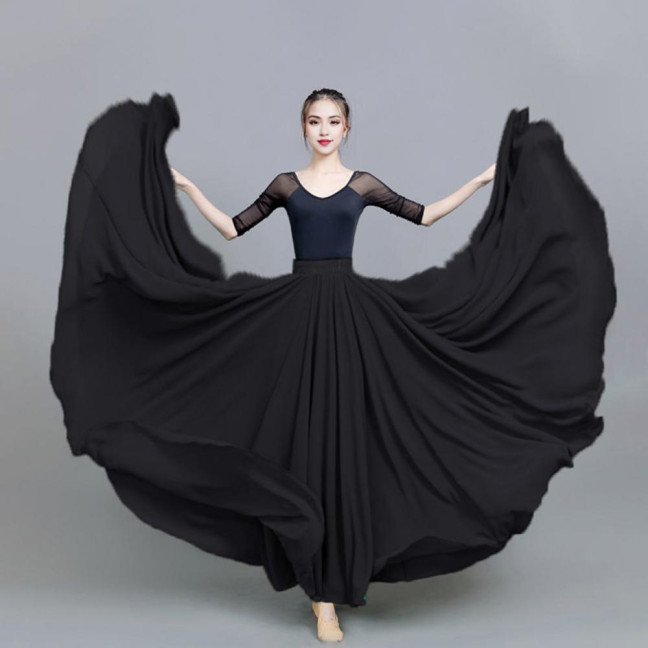 Women Chiffon Large Skirt 720 Degree Pull Double-Layered Maxi Skirt Solid Color Flowy Dance Skirt Versatile Dancewear