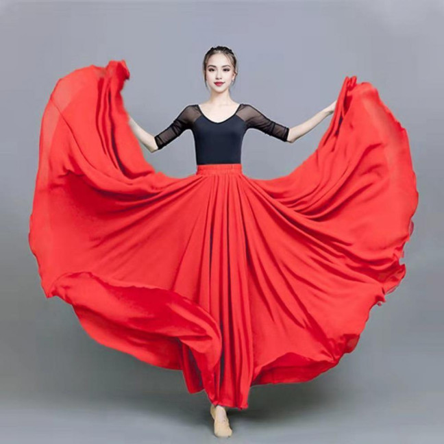 Women Chiffon Large Skirt 720 Degree Pull Double-Layered Maxi Skirt Solid Color Flowy Dance Skirt Versatile Dancewear