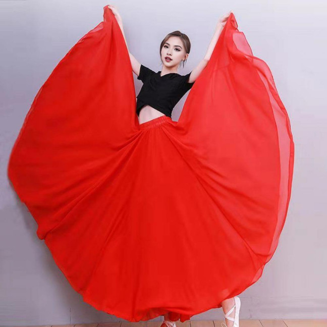 Women Chiffon Large Skirt 720 Degree Pull Double-Layered Maxi Skirt Solid Color Flowy Dance Skirt Versatile Dancewear