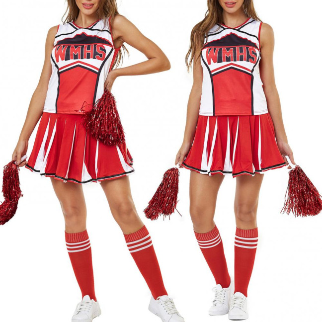 2 Pcs/Set Cheerleader Performance Outfit Sleeveless Top Skirt Set High School Glee Club Girl Cheerleading Costume Varsity Cheerleader Fancy Dress Uniform