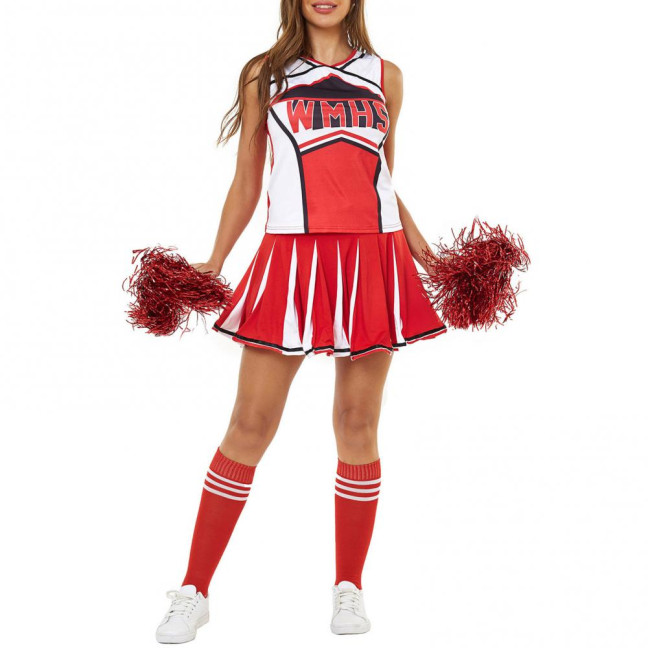 2 Pcs/Set Cheerleader Performance Outfit Sleeveless Top Skirt Set High School Glee Club Girl Cheerleading Costume Varsity Cheerleader Fancy Dress Uniform