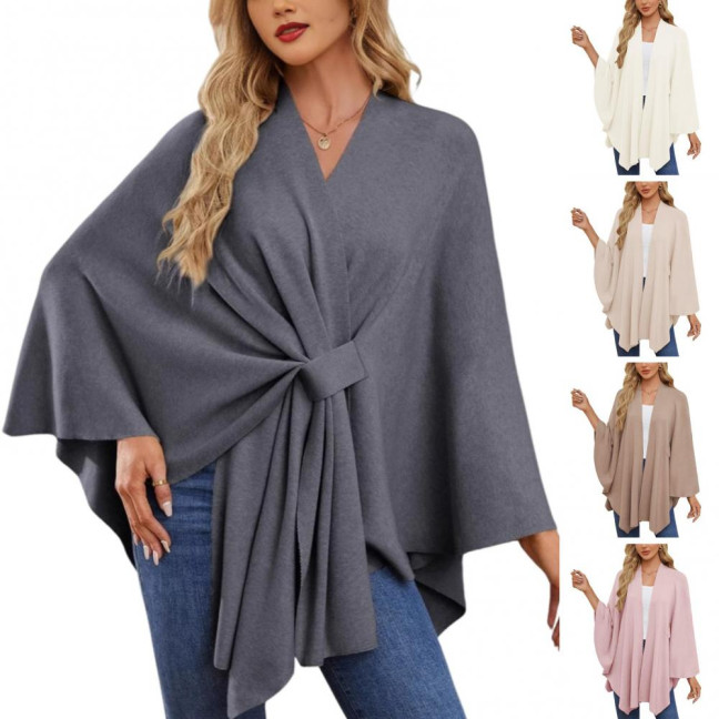 Cloak Tops Women Solid Color Batwing Sleeve Style Shawl Coat Mid-Length Cross Design Cloak Style Blouse