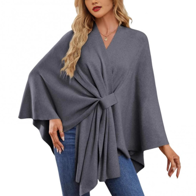 Cloak Tops Women Solid Color Batwing Sleeve Style Shawl Coat Mid-Length Cross Design Cloak Style Blouse