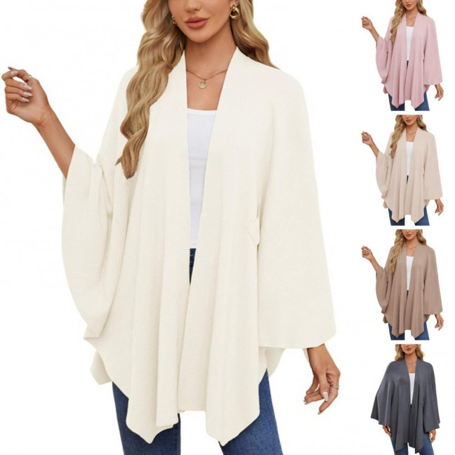Cloak Tops Women Solid Color Batwing Sleeve Style Shawl Coat Mid-Length Cross Design Cloak Style Blouse