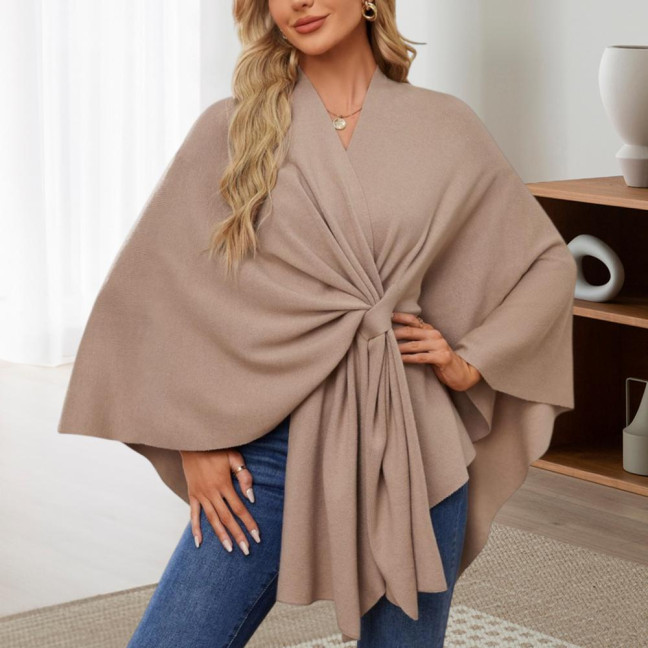 Cloak Tops Women Solid Color Batwing Sleeve Style Shawl Coat Mid-Length Cross Design Cloak Style Blouse