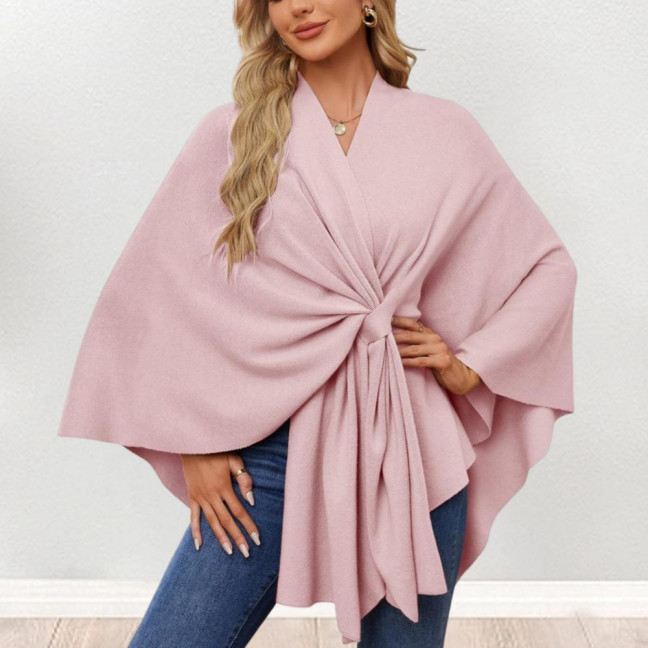 Cloak Tops Women Solid Color Batwing Sleeve Style Shawl Coat Mid-Length Cross Design Cloak Style Blouse
