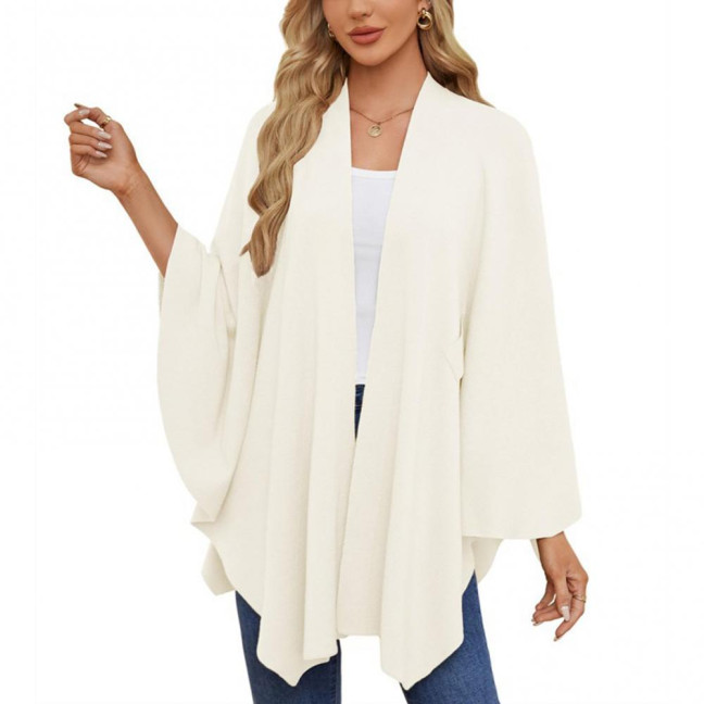 Cloak Tops Women Solid Color Batwing Sleeve Style Shawl Coat Mid-Length Cross Design Cloak Style Blouse
