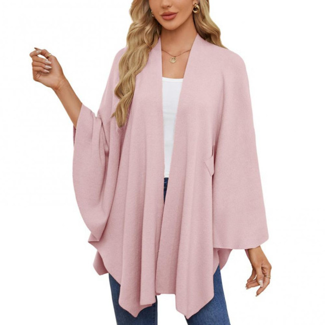 Cloak Tops Women Solid Color Batwing Sleeve Style Shawl Coat Mid-Length Cross Design Cloak Style Blouse