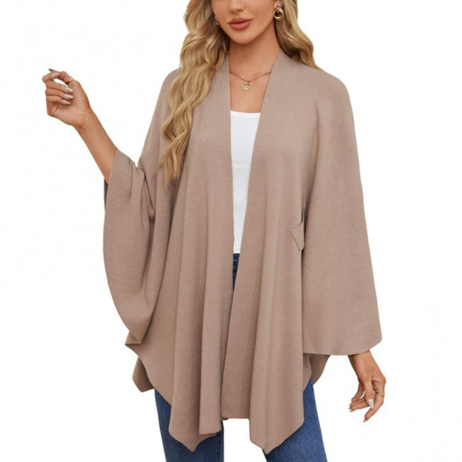 Cloak Tops Women Solid Color Batwing Sleeve Style Shawl Coat Mid-Length Cross Design Cloak Style Blouse