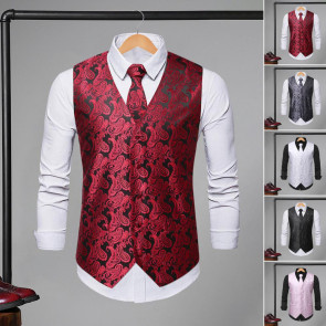 Men Suit Vest with Tie Handkerchief V-Neck Sleeveless Single Breasted Sunflower Patterned Suit Jacket with Tie Pocket Business Wear