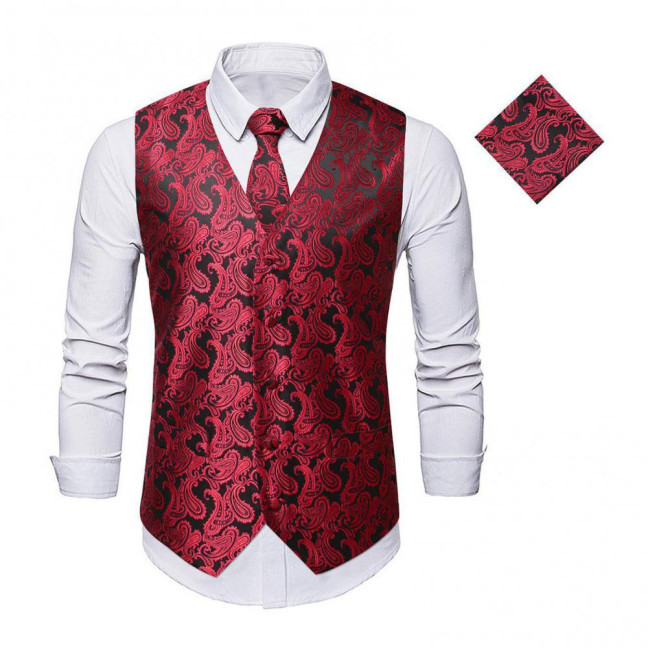Men Suit Vest with Tie Handkerchief V-Neck Sleeveless Single Breasted Sunflower Patterned Suit Jacket with Tie Pocket Business Wear