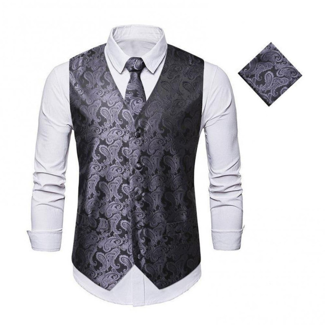 Men Suit Vest with Tie Handkerchief V-Neck Sleeveless Single Breasted Sunflower Patterned Suit Jacket with Tie Pocket Business Wear