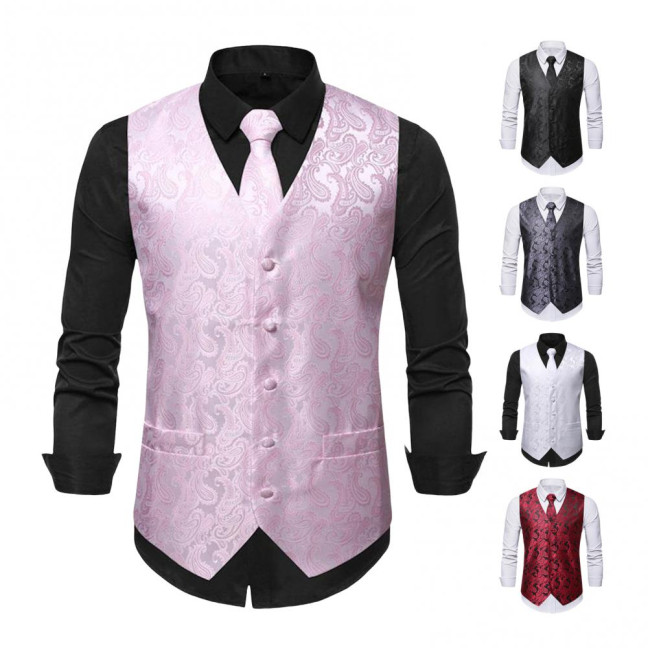 Men Suit Vest with Tie Handkerchief V-Neck Sleeveless Single Breasted Sunflower Patterned Suit Jacket with Tie Pocket Business Wear