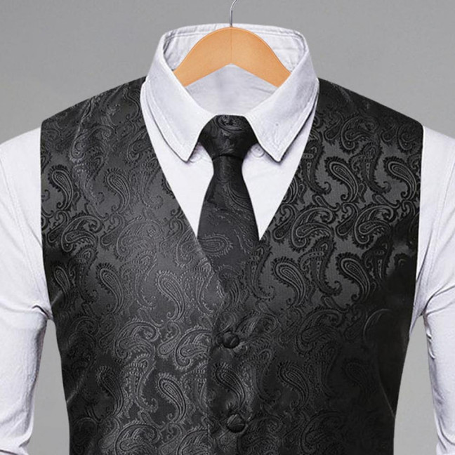 Men Suit Vest with Tie Handkerchief V-Neck Sleeveless Single Breasted Sunflower Patterned Suit Jacket with Tie Pocket Business Wear