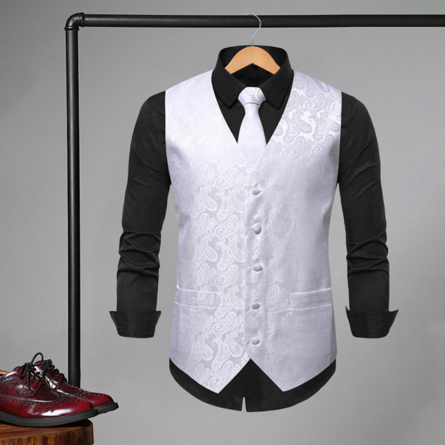 Men Suit Vest with Tie Handkerchief V-Neck Sleeveless Single Breasted Sunflower Patterned Suit Jacket with Tie Pocket Business Wear