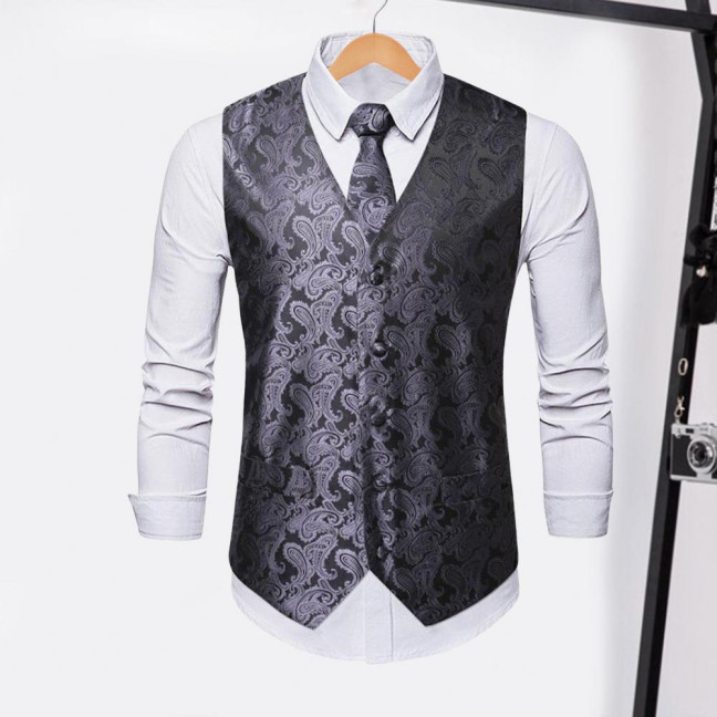 Men Suit Vest with Tie Handkerchief V-Neck Sleeveless Single Breasted Sunflower Patterned Suit Jacket with Tie Pocket Business Wear