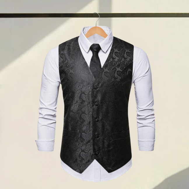 Men Suit Vest with Tie Handkerchief V-Neck Sleeveless Single Breasted Sunflower Patterned Suit Jacket with Tie Pocket Business Wear