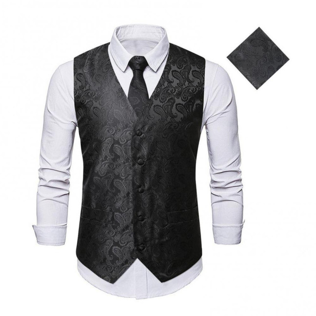 Men Suit Vest with Tie Handkerchief V-Neck Sleeveless Single Breasted Sunflower Patterned Suit Jacket with Tie Pocket Business Wear