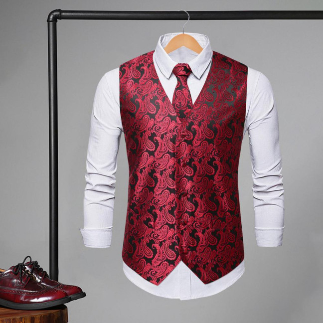 Men Suit Vest with Tie Handkerchief V-Neck Sleeveless Single Breasted Sunflower Patterned Suit Jacket with Tie Pocket Business Wear