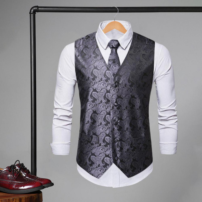 Men Suit Vest with Tie Handkerchief V-Neck Sleeveless Single Breasted Sunflower Patterned Suit Jacket with Tie Pocket Business Wear