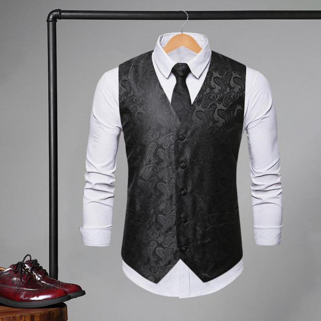 Men Suit Vest with Tie Handkerchief V-Neck Sleeveless Single Breasted Sunflower Patterned Suit Jacket with Tie Pocket Business Wear