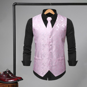 Men Suit Vest with Tie Handkerchief V-Neck Sleeveless Single Breasted Sunflower Patterned Suit Jacket with Tie Pocket Business Wear