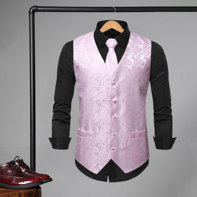 Men Suit Vest with Tie Handkerchief V-Neck Sleeveless Single Breasted Sunflower Patterned Suit Jacket with Tie Pocket Business Wear