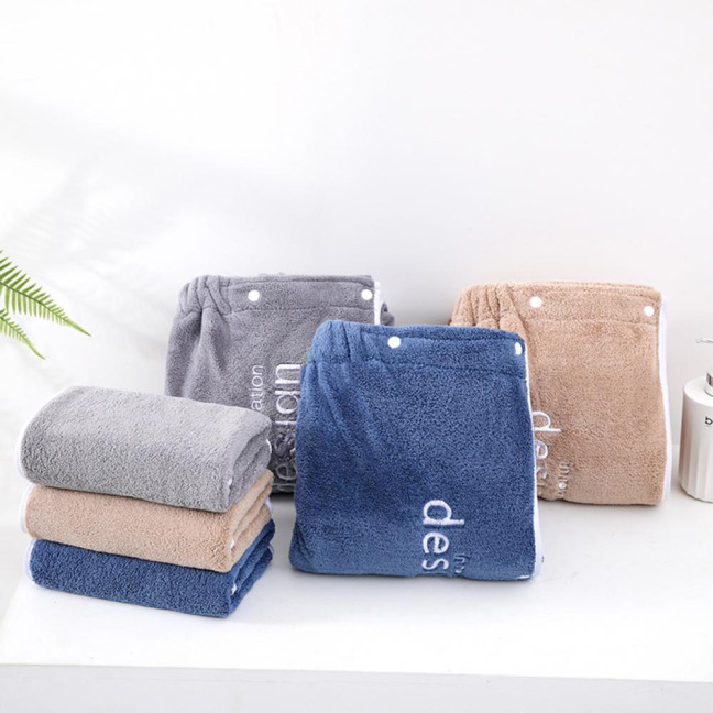 Coral Velvet Bath Towel with Pocket Wearable Absorbent Letter Decoration Color-Blocking Design Button Placket Bath Towel