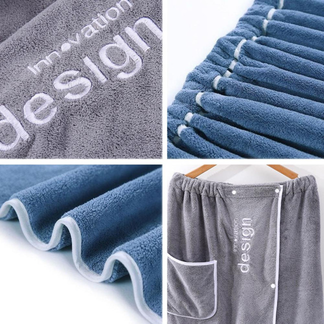 Coral Velvet Bath Towel with Pocket Wearable Absorbent Letter Decoration Color-Blocking Design Button Placket Bath Towel
