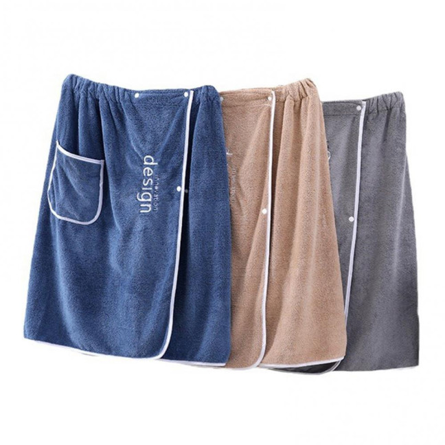 Coral Velvet Bath Towel with Pocket Wearable Absorbent Letter Decoration Color-Blocking Design Button Placket Bath Towel