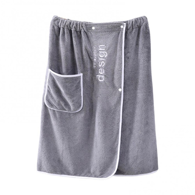 Coral Velvet Bath Towel with Pocket Wearable Absorbent Letter Decoration Color-Blocking Design Button Placket Bath Towel