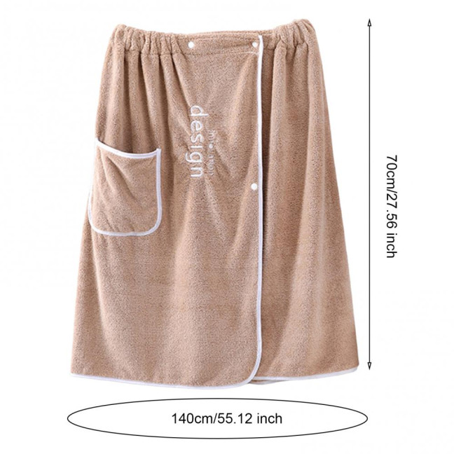 Coral Velvet Bath Towel with Pocket Wearable Absorbent Letter Decoration Color-Blocking Design Button Placket Bath Towel