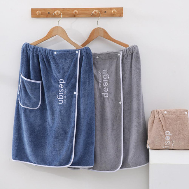 Coral Velvet Bath Towel with Pocket Wearable Absorbent Letter Decoration Color-Blocking Design Button Placket Bath Towel