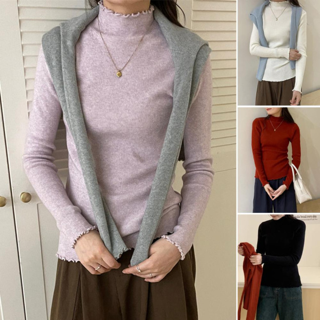 Knitting Tops Solid Color Half-High Collar Long Sleeve Sheer Trim Bottoming Tops Slim Fit High Elastic Basic Tops