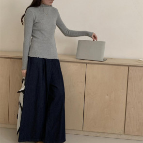 Knitting Tops Solid Color Half-High Collar Long Sleeve Sheer Trim Bottoming Tops Slim Fit High Elastic Basic Tops