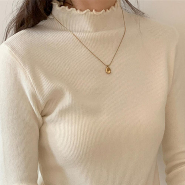 Knitting Tops Solid Color Half-High Collar Long Sleeve Sheer Trim Bottoming Tops Slim Fit High Elastic Basic Tops