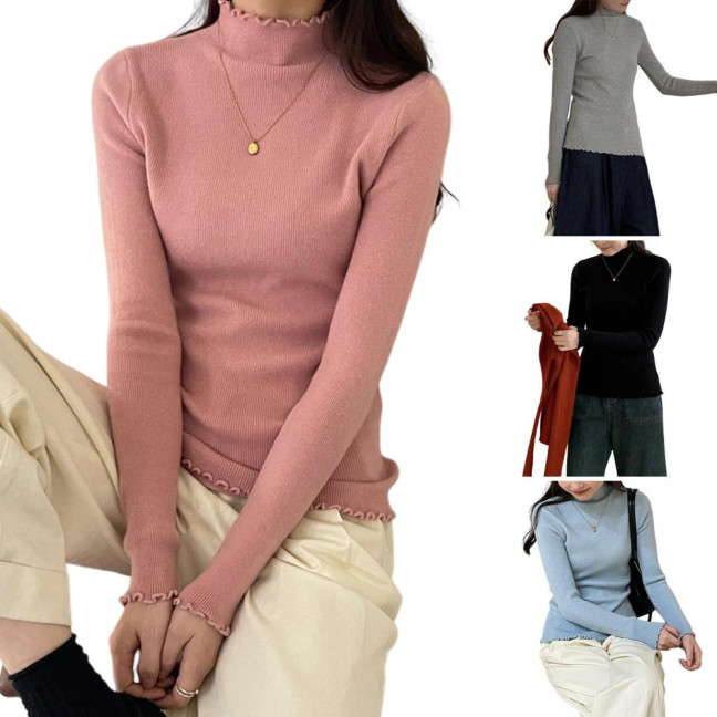 Knitting Tops Solid Color Half-High Collar Long Sleeve Sheer Trim Bottoming Tops Slim Fit High Elastic Basic Tops