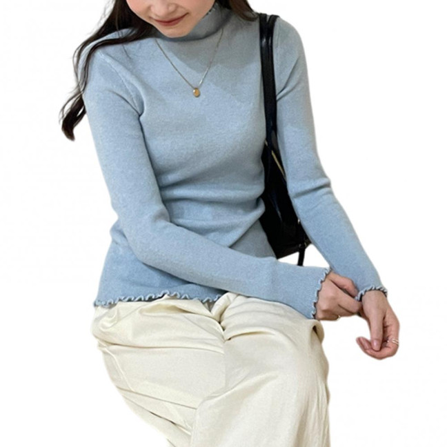 Knitting Tops Solid Color Half-High Collar Long Sleeve Sheer Trim Bottoming Tops Slim Fit High Elastic Basic Tops