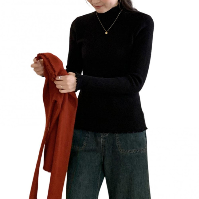 Knitting Tops Solid Color Half-High Collar Long Sleeve Sheer Trim Bottoming Tops Slim Fit High Elastic Basic Tops